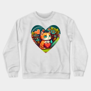 Bright Eyed Orange Cat With Big Heart In The Garden - Funny Cats Crewneck Sweatshirt